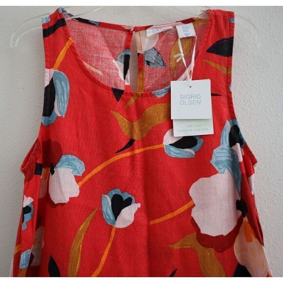 Sigrid Olsen Women's Sz XS Red Floral Sleeveless Linen Trapeze Mini Dress - Picture 4 of 14